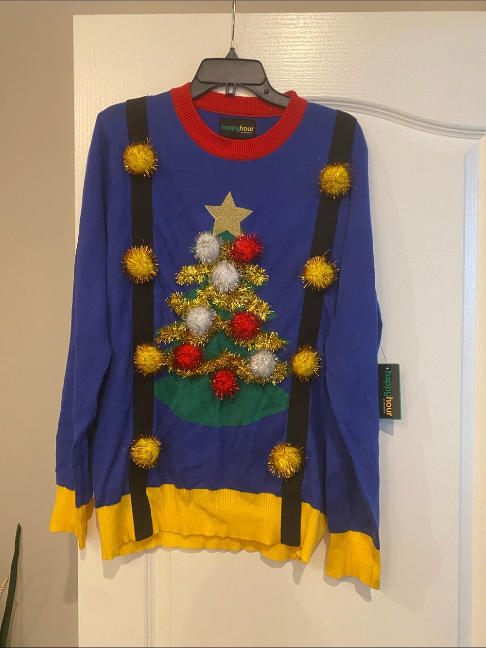 Tipsy Elves Blue Adults Christmas Tree Pom-Pom Sweater with Yellow Trim
